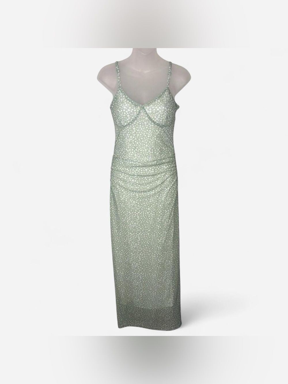 Streetwear Society Sage Green Ditsy Floral Ruched Maxi Dress M